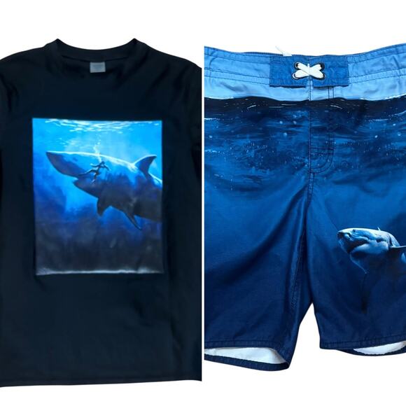 Old Navy Boys Swim Boardshorts Trunks and Rash Guard Size Large 10 12 SHARK - Picture 1 of 10